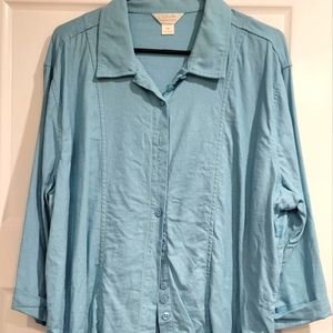 CJ Banks 2X Teal Button Up Linen Blouse